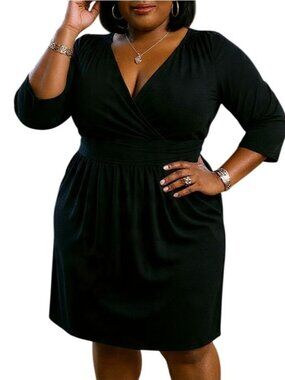 Evan-Picone Size 14 Dress Surplice V-Neck Ruched Empire Waist Side Zip Black